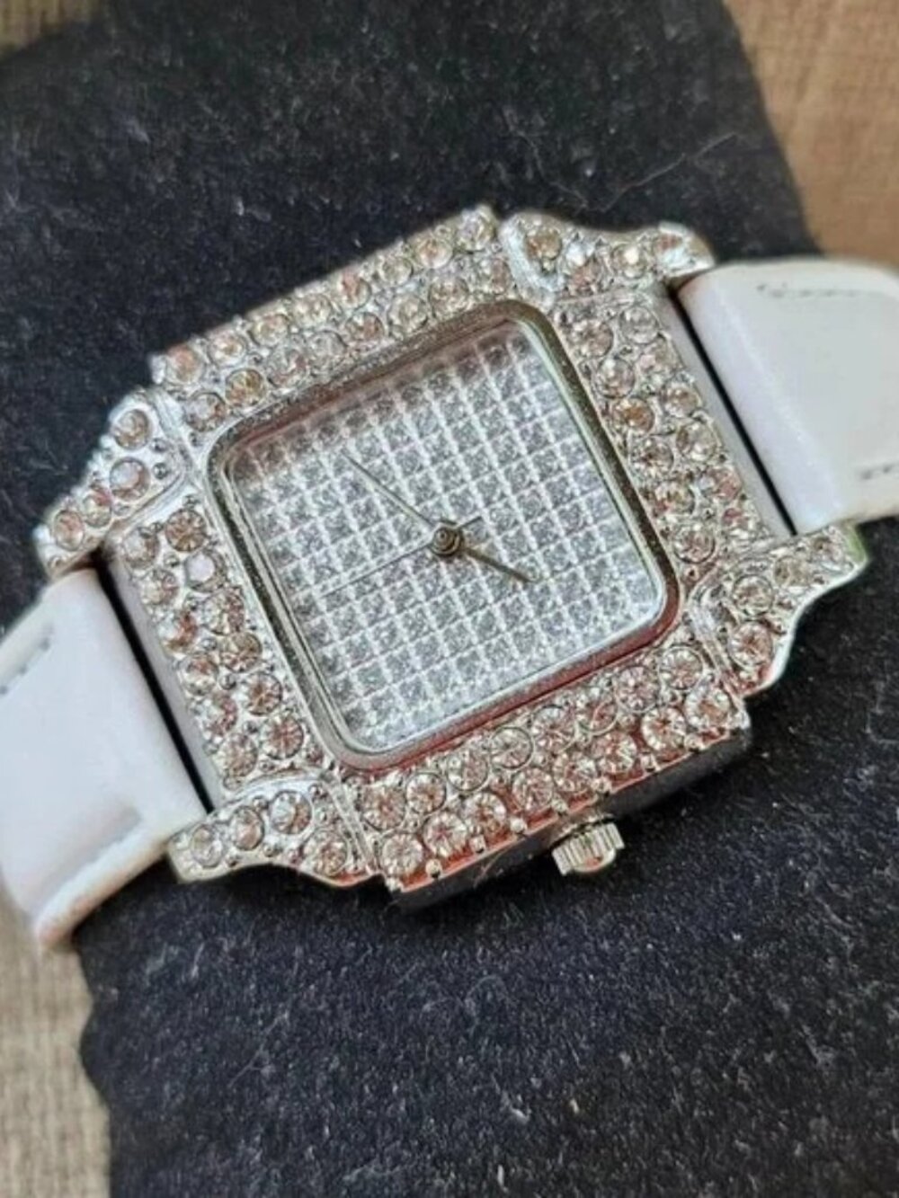 Gramercy Women Watch Square Face Crystals Accent Bezel Silver Tone White Strap